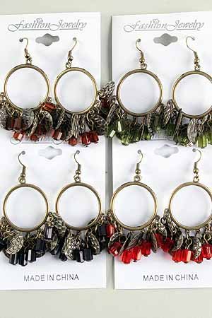 Earrings Antique Circle With Crystal Drops/DZ **New Arrival** 6 Color Asst,Victorian Look