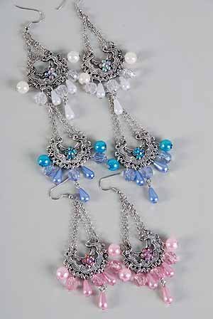 Earrings Antique Flower Print W Pearl Drops/DZ ** New Arrival** 6 Color Asst, Victorian Look