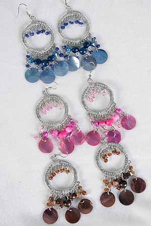 Earrings Antique Silver Shell With Wooden Beads/DZ **NEW** Victorian Look, 6 Color Asst