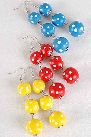 Earrings Ball Polkadot Dangles2.5" Long,Color Asst/DZ 6 Color Asst