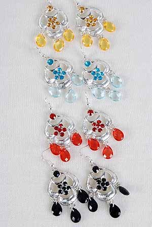 Earrings Cast Flower Shape W Color Stones/DZ/DZ ** New Arrival** 6 Color Asst
