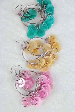 Earrings Chandelier W Paper Shells/DZ Blue Pink Yellow White Lime orange 6Color Asst