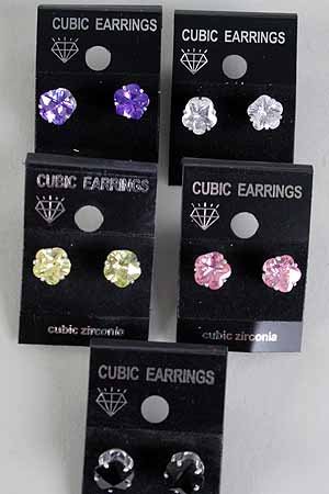 Earrings CZ Cubic 8mm Flower Cut Color Asst /DZ ** New Arrival** 8mm Cubic Zirconium 6 Color Asst