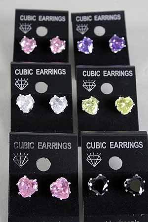 Earrings CZ Cubic 9mm Heart Shape Color Asst/DZ ** New Arrival** 9mm Cubic Zirconium 6 Color Asst