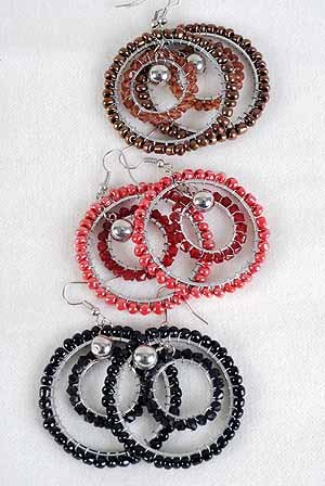 Earrings Double Circle With Color Beads 2''x2''/DZ 6 Color Asst