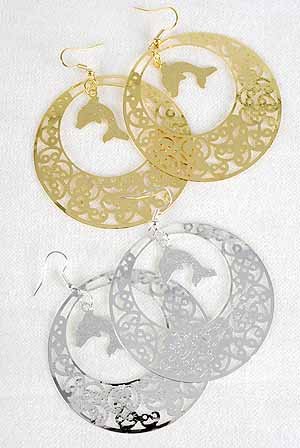Earrings Filigree Circle W Dolphin 2.5''x2.5''/DZ ** New Arrival** choose Gold or Silver Finish