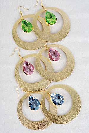 Earrings Gold Circle Dange W Acrylic Stones/DZ 6 Color Asst,2.5" Wide
