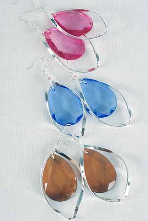 Earrings large Acrylic Stone W Fish Hoop/DZ 2.5"x1.5",6 Color Asst - SS