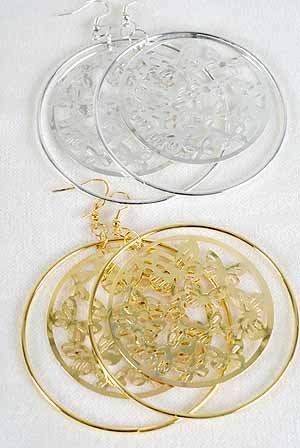 Earrings Large Circle W Filigree Butterflys 3'';x3' ** New Arrival** Choose Gold or Silver