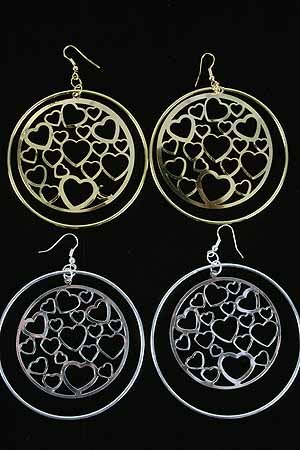 Earrings Large Circle W Filigree Hearts 3''x3''/DZ ** New Arrival** Choose Gold or Silver