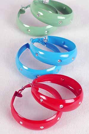 Earrings Metal Hoop Epoxy W Clear Rhinestones/DZ 2"x2''W, 6 Color Asst