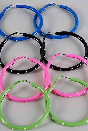 Earrings Metal Loop Pipe Hoop W Polka Dots 7cm/DZ ** New Arrival** 7cm 6 Color Asst