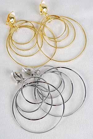 Earrings Metal Round Dangles 2.5"x3" Clip On/DZ **CLIP ON** Choose Gold or Silver Finish