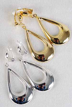 Earrings Metal Teardrop Dangle Clip On 2.25" Long/DZ **Clip On** Choose Gold Or Silver