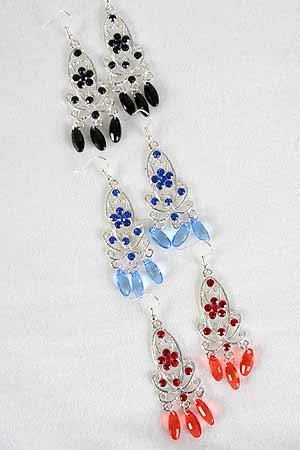 Earrings Ovel Filigree W Drop Stones/DZ ** New Arrival** 6 Color Asst