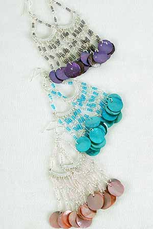 Earrings Shell W Indian Beads/DZ ** New Arrival** 6 Color Asst