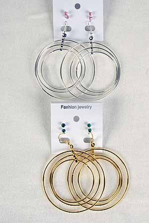 Earrings Triple Cirple W Color Stones, 3per/DZ **New Arrival** Choose Gold Or Silver Finish