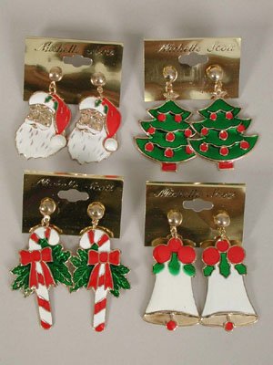 Earrings X'mas Asst style Post or Clip On/DZ Santa Candy cane Wreath Candle Snowman Giftbox Asst