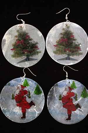 Earrings X'Mas W Seashell,6 Pattern Asst 2.5'' Wide/DZ **NEW**