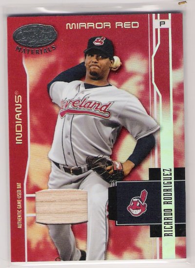 2003 LEAF CERTIFIED RICARDO RODRIGUEZ INDIANS MIRROR RED GAME-USED BAT CARD