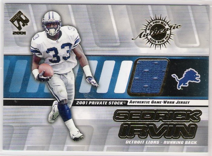 2001 PACIFIC PRIVATE STOCK SEDRICK IRVIN LIONS GAME-WORN JERSEY CARD