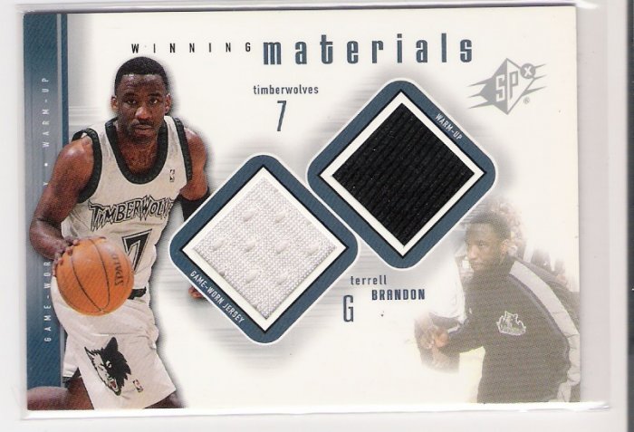 2000-01 SPX WINNING MATERIALS TERRELL BRANDON TIMBERWOLVES DUAL JERSEY/WARM-UPS CARD