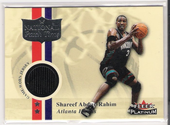 2001-02 FLEER PLATINUM SHAREEF ABDUR-RAHIM HAWKS NATIONAL PATCH TIME GAME WORN JERSEY CARD