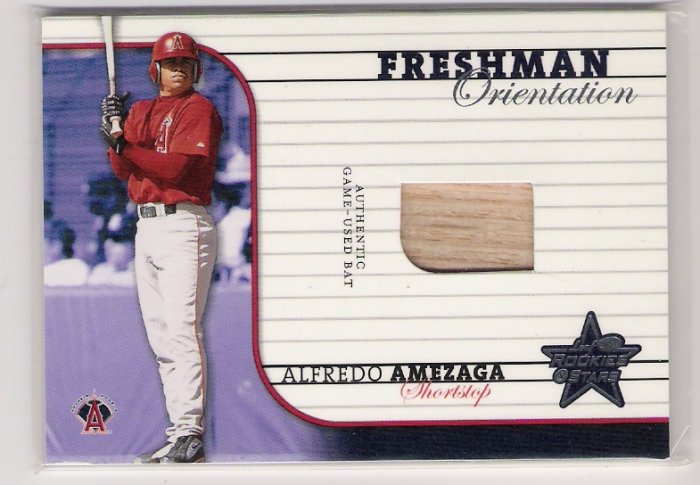 2002 LEAF ROOKIES & STARS ALFREDO AMEZAGA FRESHMAN ORIENTATION GAME-USED BAT CARD