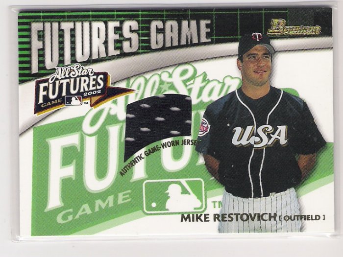 2003 BOWMAN FUTURES MIKE RESTOVICH GAME WORN JERSEY RELIC CARD