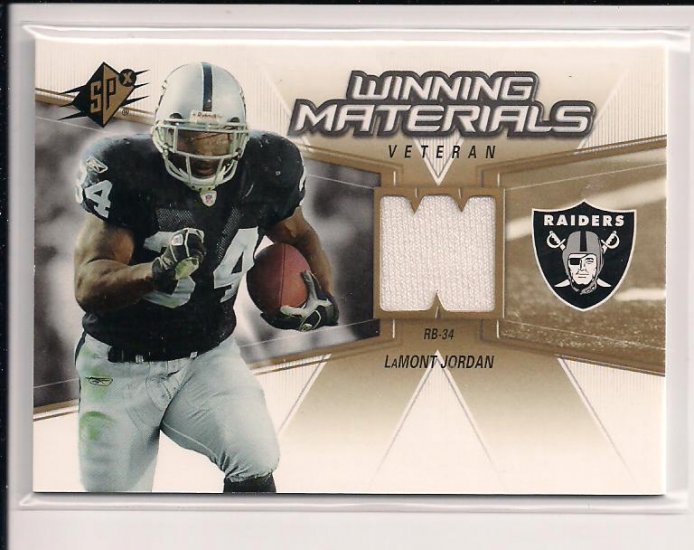 2006 SPX LAMONT JORDAN RAIDERS WINNING MATERIALS JERSEY CARD