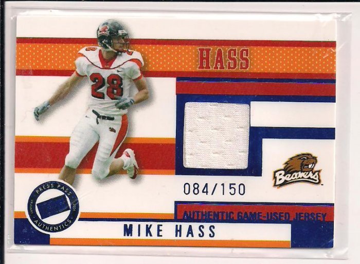 MIKE HASS BEAVERS 2006 PRESSPASS GAME-USED JERSEY #'D 084/150!