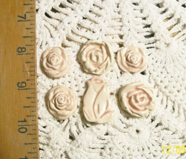 Mosaic Tiles ~SHABBY PINK ROSES ~6 HM Clay Focals