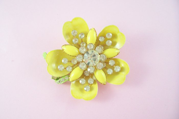 Vintage Jonquil Yellow Rhinestone Brooch Lemon Yellow Enamel Flower