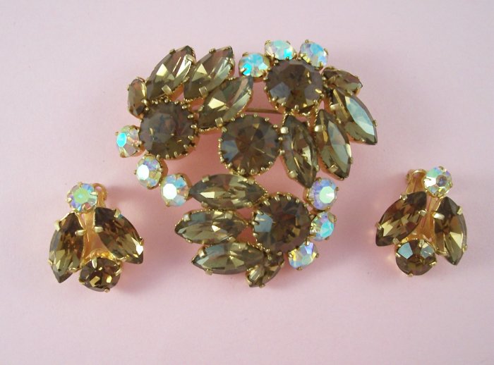 Vintage Topaz Rhinestone Brooch Earring Demi Set Large Aurora Borealis Floral Design
