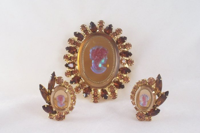 Vintage Juliana Topaz Rhinestone Cameo Brooch Earrings Delizza and Elster Intaglio Demi