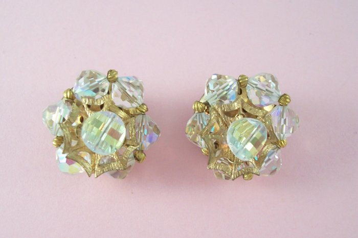 Vintage Crystal Aurora Borealis Earrings Gold Tone Unique Design