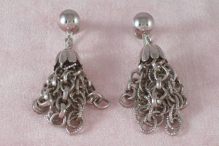 Vintage Coro Earrings Silver Tone Long Chain Screw Back
