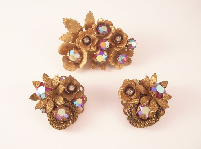 Vintage Siam Red Aurora Borealis Rhinestone Brooch Earrings Set Floral Demi