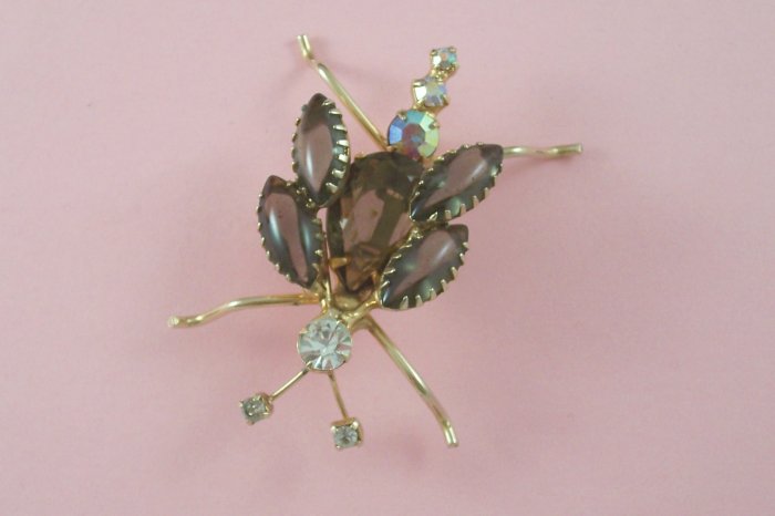 Vintage Smoked Topaz Rhinestone Dragon Fly Bug Brooch Figural