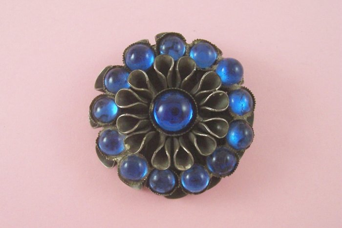 VintageArt Deco Dress Clip Signed Style Metal Spec N.Y. Blue Glass Cabochon Rhinestone 1930âs