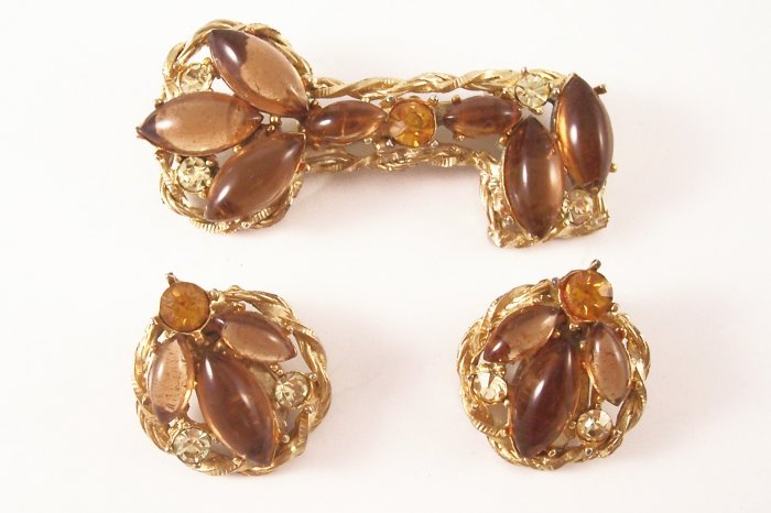 Vintage Topaz Rhinestone Brooch and Earrings Key Design Demi Set