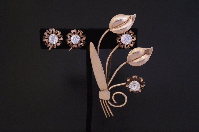 Vintage Art Deco Rhinestone Floral Brooch Earrings Demi Set