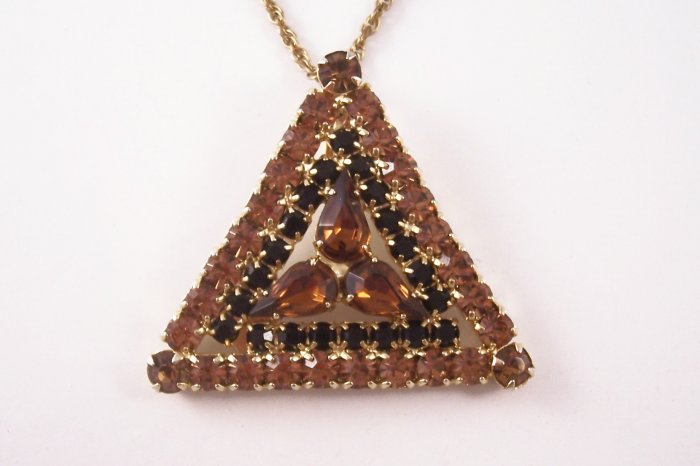 Vintage Parklane Rhinestone Pendant Necklace Topaz and Black Triangle Design