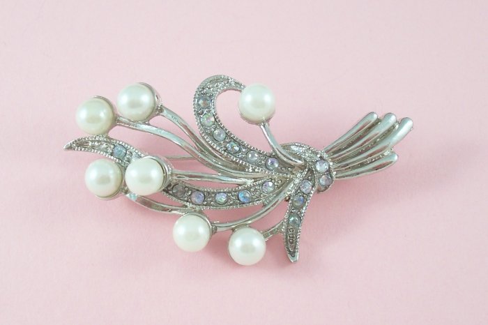 Vintage Aurora Borealis Rhinestone Brooch Faux Pearl Floral Bouquet