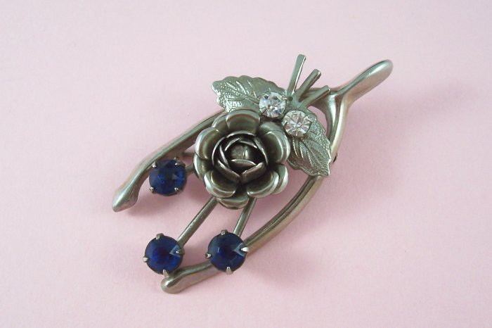 Vintage Blue Rhinestone Wishbone Brooch Rose Spray Accent
