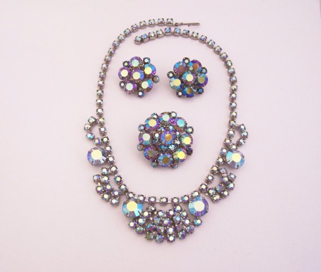 Vintage Peacock Aurora Borealis Rhinestone Parure Brooch Earrings and Necklace