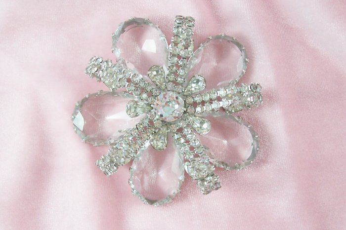 Vintage Crystal Rhinestone Flower Brooch Pave Ribbons Big Brooch