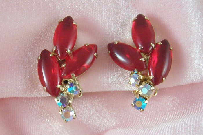 Vintage Ruby Red Rhinestone Aurora Borealis Open Back Earrings