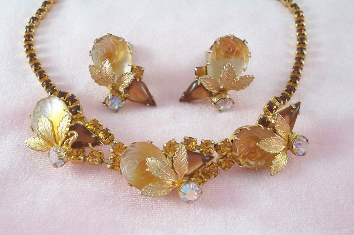 Vintage Topaz Carved Rose Rhinestone Necklace Earring Demi Set