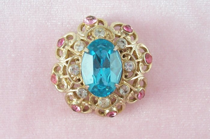 Vintage Coro Pink Aqua Rhinestone Brooch Delicate Domed Pin